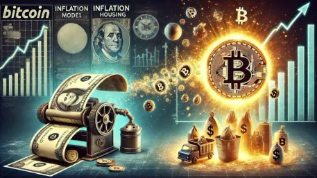 Illustration of a money-printing press, banknotes, Bitcoin, and rising financial charts.