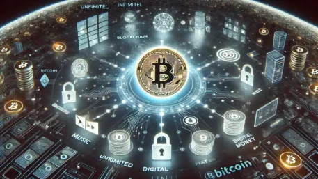 A Bitcoin coin surrounded by digital networks, locks, and other cryptocurrency symbols.