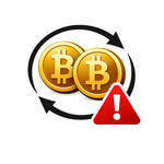 Bitcoin coins with circular arrows and warning symbol representing transaction risks or safety concerns