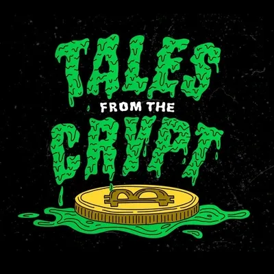 “TALES FROM THE CRYPT” text above a melting Bitcoin coin in a green slime style.