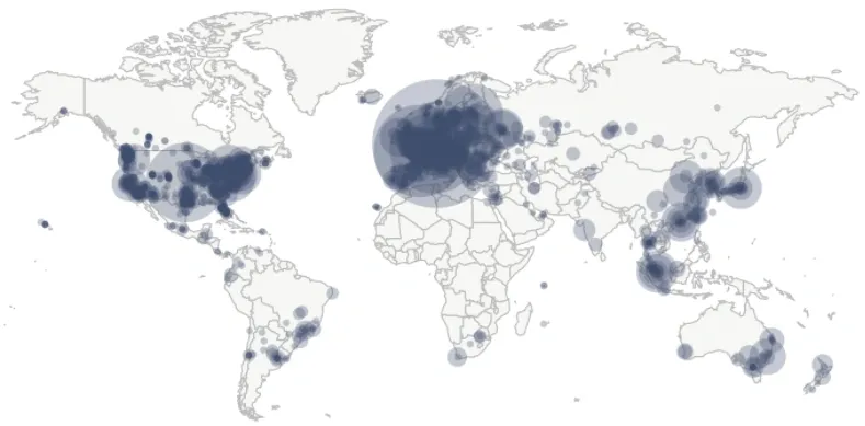 World map showing clusters of network locations across North America, Europe, and Asia.