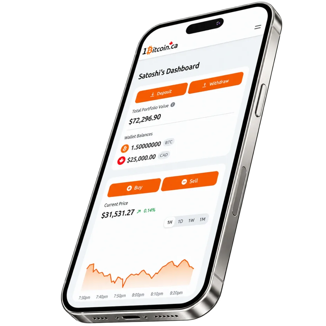 An illustrative 1Bitcoin Express dashboard on an iPhone