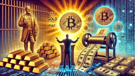 Illustration contrasting gold bars, printed banknotes, and Bitcoin.