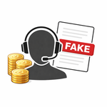 Fake support agent with Bitcoin and “FAKE” label indicating scam risk