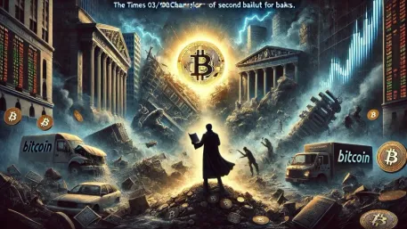 Illustration of Bitcoin emerging amid damaged banks and a financial crisis.