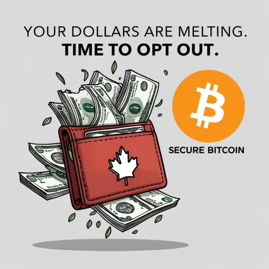 Graphic showing a wallet with Canadian dollars spilling out, with text “Your dollars are melting. Time to opt out.” and a Bitcoin symbol.