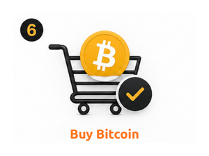 Step 6: Buy Bitcoin. A shopping cart with a Bitcoin coin and checkmark.