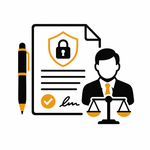 Signed document with a lock and a lawyer beside scales of justice