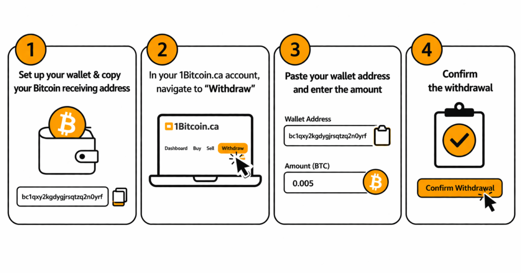 Four steps to withdraw Bitcoin: copy your wallet address, open Withdraw in your account, enter the address and amount, and confirm the withdrawal.