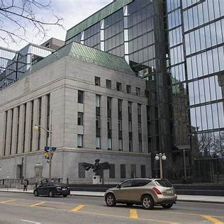 Street view of the Bank of Canada building in Ottawa, featuring both classical stone architecture and a modern glass extension.