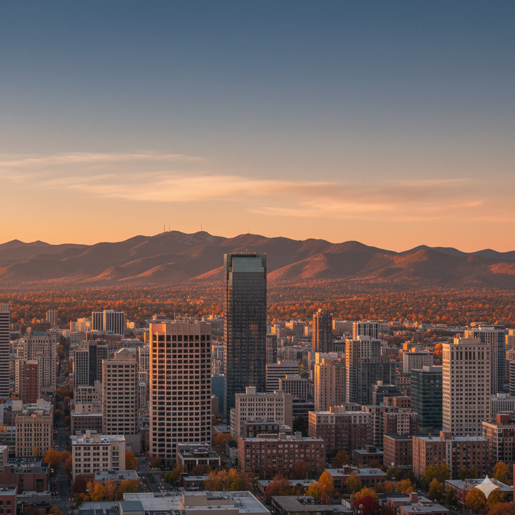City skyline at sunset with autumn foliage and mountains in the background, showcasing a blend of urban and natural landscapes under a clear sky.