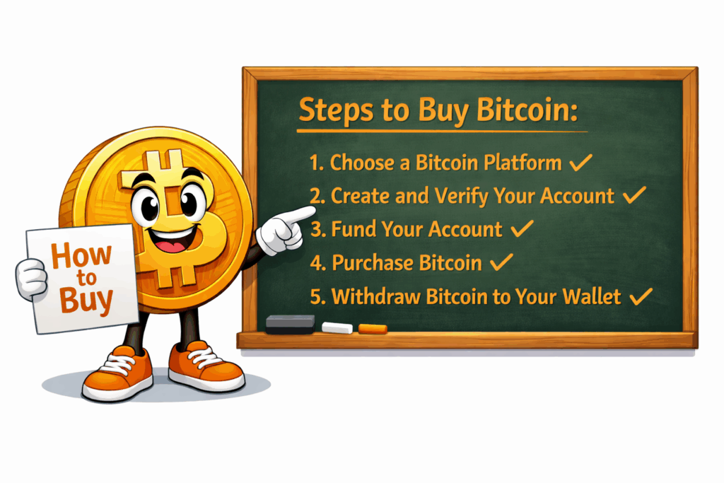 A friendly illustration showing a cartoon Bitcoin character pointing to a chalkboard that outlines the five simple steps to buying Bitcoin, from choosing a platform to withdrawing to your own wallet.