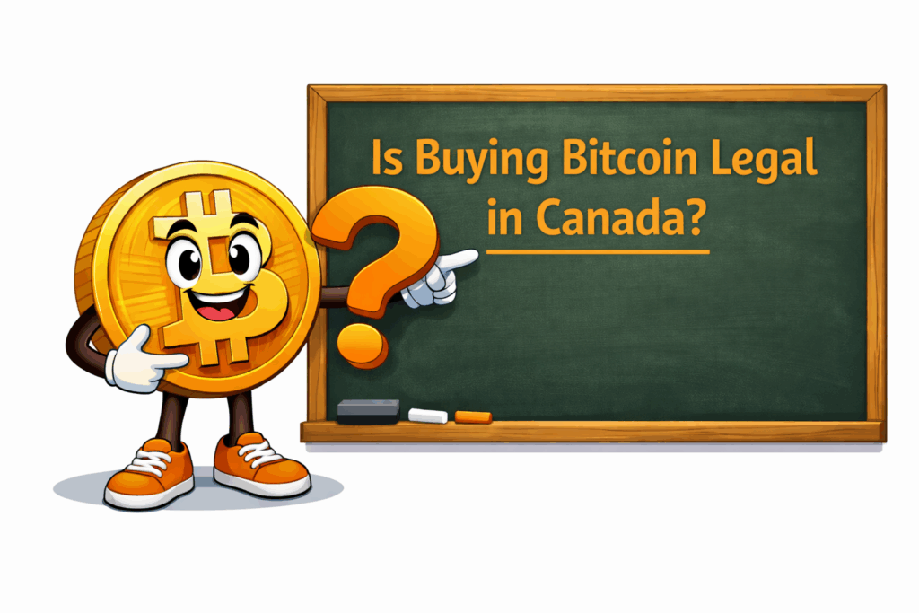 A friendly illustration of a cartoon Bitcoin character pointing to a chalkboard asking “Is Buying Bitcoin Legal in Canada?”, designed to introduce a clear, educational guide on Bitcoin laws and regulation.