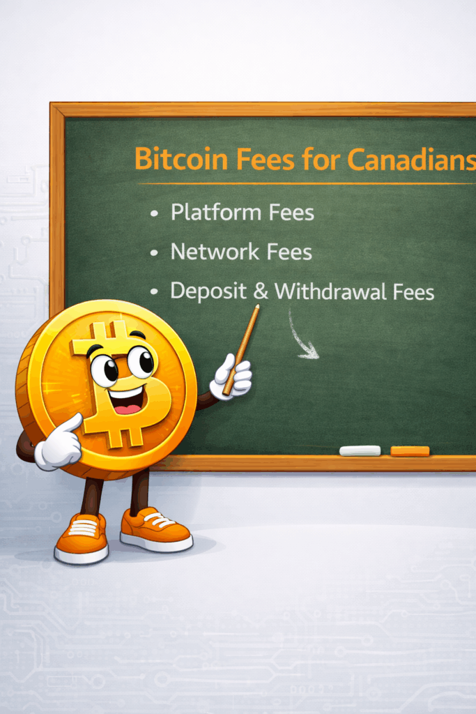 A friendly illustration of a cartoon Bitcoin character pointing at a chalkboard that explains Bitcoin fees for Canadians, highlighting platform fees, network fees, and deposit and withdrawal costs in a clear, educational way.