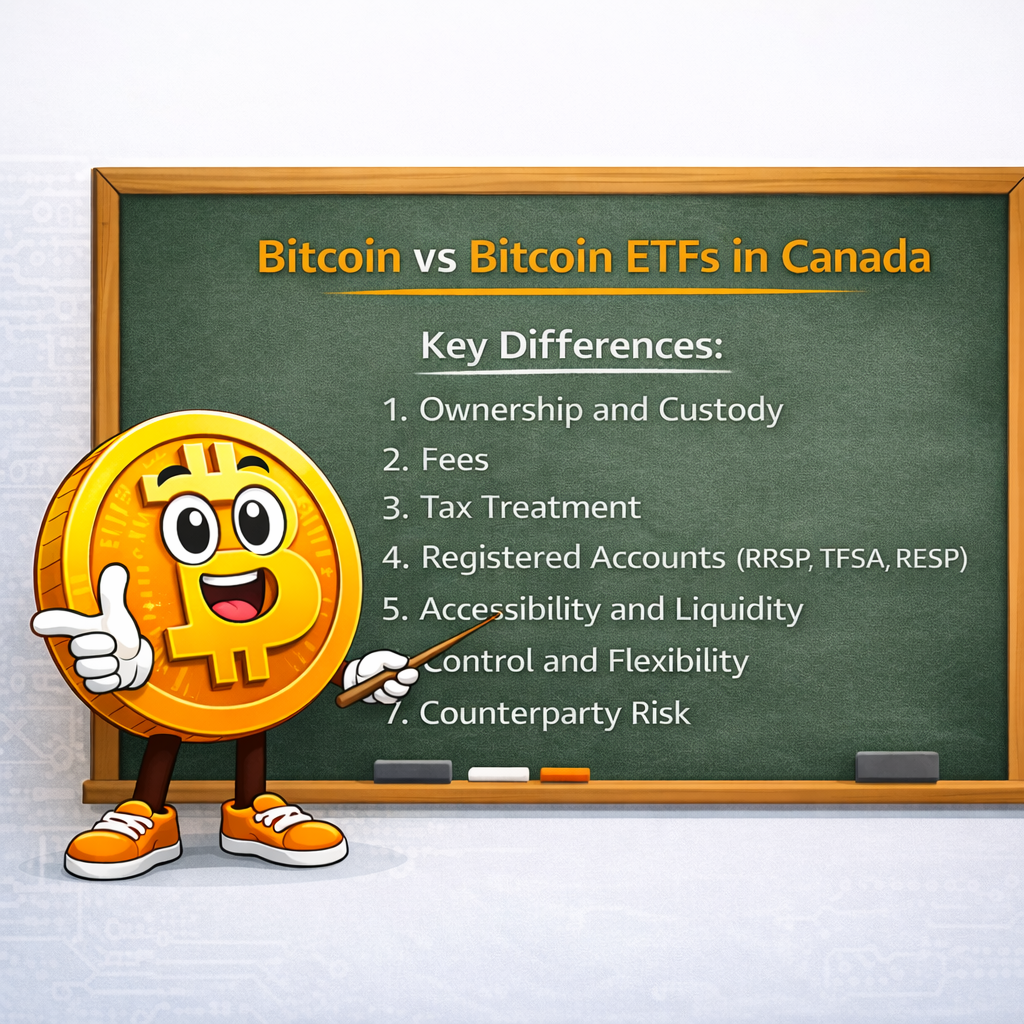 A clear, educational illustration of a cartoon Bitcoin character pointing to a chalkboard that compares Bitcoin vs Bitcoin ETFs in Canada, outlining key differences such as ownership, fees, taxes, registered accounts, liquidity, control, and counterparty risk.