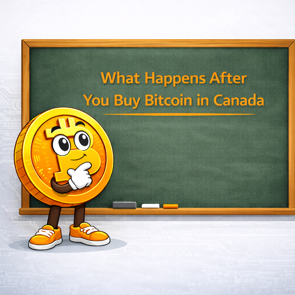 A thoughtful illustration of a cartoon Bitcoin character standing beside a chalkboard titled “What Happens After You Buy Bitcoin in Canada”, introducing the next steps around custody, security, and long-term ownership.