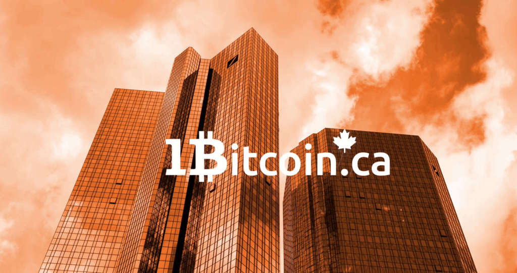 Modern glass skyscrapers under an orange sky with the text “1Bitcoin.ca” and a maple leaf, representing a Canadian Bitcoin financial brand.