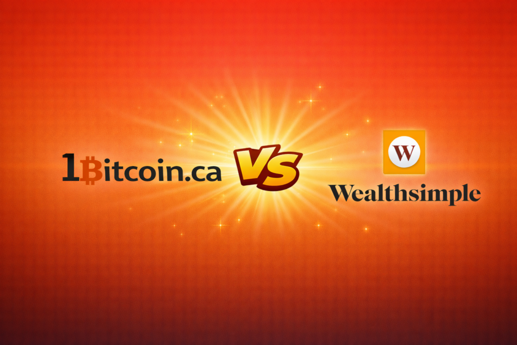 Graphic comparing 1Bitcoin.ca and Wealthsimple with “VS” in the center on an orange background.