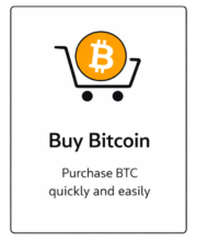 Card icon showing a shopping cart with a Bitcoin symbol labeled “Buy Bitcoin – Purchase BTC quickly and easily.