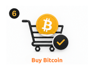 Shopping cart with Bitcoin symbol and checkmark