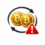 Bitcoin coins with circular arrows and warning symbol representing transaction risks or safety concerns