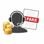 Fake support agent with Bitcoin and “FAKE” label indicating scam risk