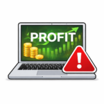 Laptop showing profit chart with warning symbol indicating potential Bitcoin or trading scams