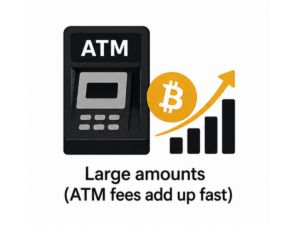 Bitcoin ATM with rising chart illustrating high fees on large purchases