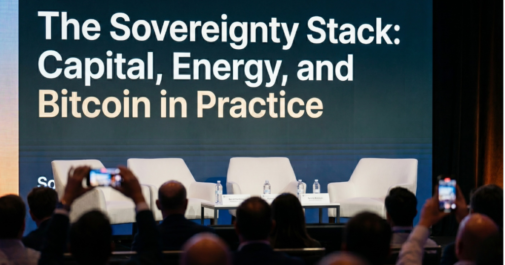 Panel discussion titled "The Sovereignty Stack: Capital, Energy, and Bitcoin in Practice" at Sovereign 2026 conference with speakers and attendees.