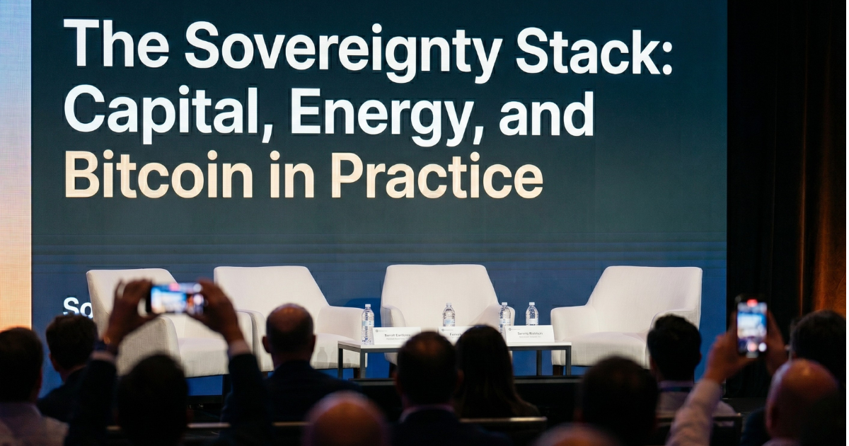 Panel discussion titled "The Sovereignty Stack: Capital, Energy, and Bitcoin in Practice" at Sovereign 2026 conference with speakers and attendees.